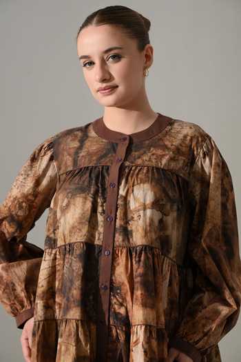 Samant Chauhan_Brown Cotton Round Neck Earth Tie Dye Tiered Dress _Online_at_Aza_Fashions