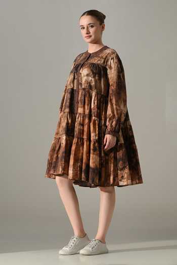 Buy_Samant Chauhan_Brown Cotton Round Neck Earth Tie Dye Tiered Dress _Online_at_Aza_Fashions