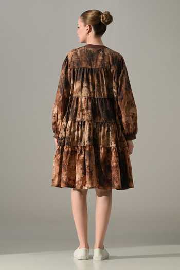Shop_Samant Chauhan_Brown Cotton Round Neck Earth Tie Dye Tiered Dress _at_Aza_Fashions