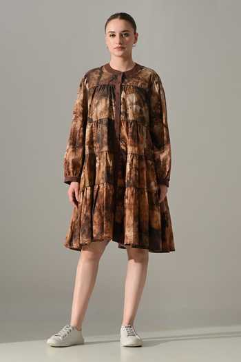 Shop_Samant Chauhan_Brown Cotton Round Neck Earth Tie Dye Tiered Dress _Online_at_Aza_Fashions
