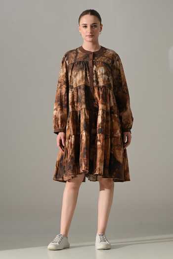 Buy_Samant Chauhan_Brown Cotton Round Neck Earth Tie Dye Tiered Dress _at_Aza_Fashions