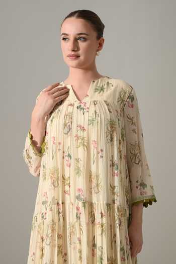 Samant Chauhan_Cream Silk, Cotton Split V-neck Floral Tiered Long Dress _Online_at_Aza_Fashions