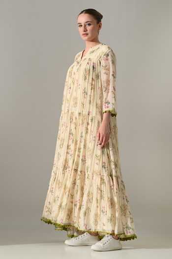 Buy_Samant Chauhan_Cream Silk, Cotton Split V-neck Floral Tiered Long Dress _Online_at_Aza_Fashions
