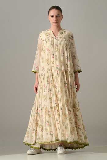 Buy_Samant Chauhan_Cream Silk, Cotton Split V-neck Floral Tiered Long Dress _at_Aza_Fashions