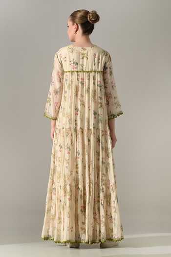 Shop_Samant Chauhan_Cream Silk, Cotton Split V-neck Floral Tiered Long Dress _at_Aza_Fashions
