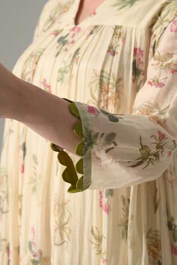 Shop_Samant Chauhan_Cream Silk, Cotton Split V-neck Floral Tiered Long Dress _Online_at_Aza_Fashions