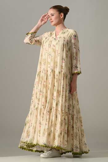Samant Chauhan_Cream Silk, Cotton Split V-neck Floral Tiered Long Dress _at_Aza_Fashions