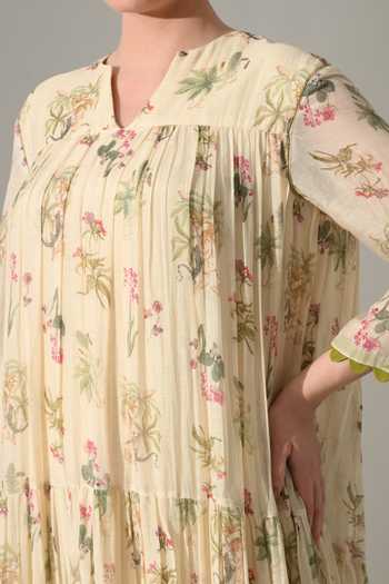Buy_Samant Chauhan_Cream Silk, Cotton Split V-neck Floral Tiered Long Dress 