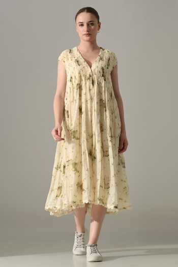 Buy_Samant Chauhan_Cream Silk, Cotton V-neck Botanical Print Dress _at_Aza_Fashions