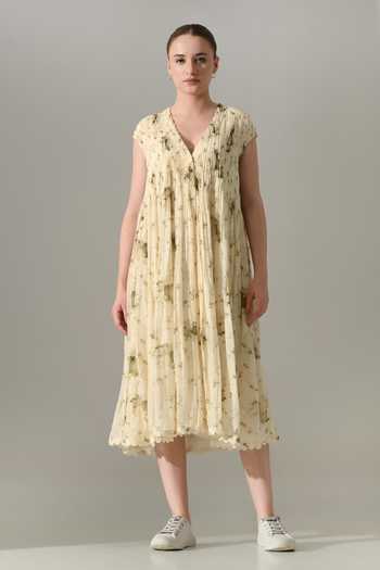 Samant Chauhan_Cream Silk, Cotton V-neck Botanical Print Dress _Online_at_Aza_Fashions