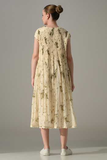 Shop_Samant Chauhan_Cream Silk, Cotton V-neck Botanical Print Dress _at_Aza_Fashions