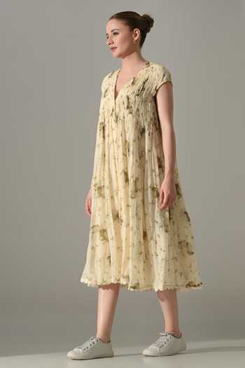 Buy_Samant Chauhan_Cream Silk, Cotton V-neck Botanical Print Dress _Online_at_Aza_Fashions