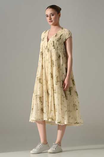 Shop_Samant Chauhan_Cream Silk, Cotton V-neck Botanical Print Dress _Online_at_Aza_Fashions
