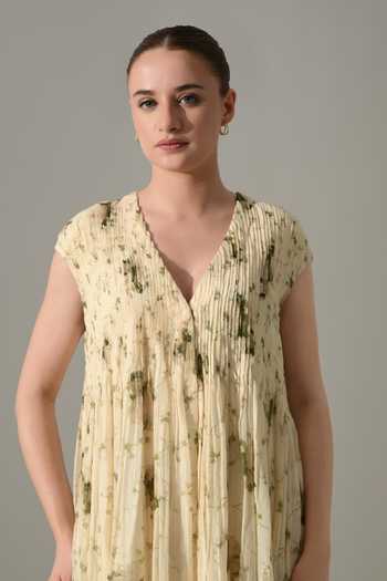 Samant Chauhan_Cream Silk, Cotton V-neck Botanical Print Dress _at_Aza_Fashions