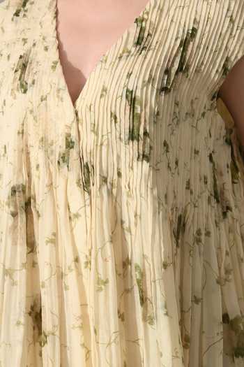 Buy_Samant Chauhan_Cream Silk, Cotton V-neck Botanical Print Dress 