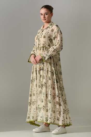 Samant Chauhan_Cream Silk, Cotton Collared Botanical Print Maxi Dress _Online_at_Aza_Fashions