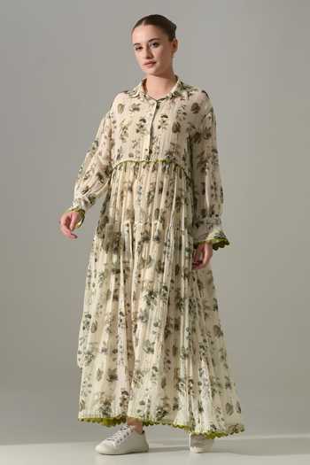 Buy_Samant Chauhan_Cream Silk, Cotton Collared Botanical Print Maxi Dress _Online_at_Aza_Fashions