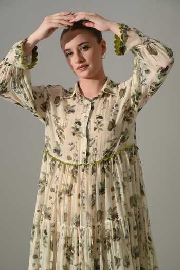 Shop_Samant Chauhan_Cream Silk, Cotton Collared Botanical Print Maxi Dress _Online_at_Aza_Fashions