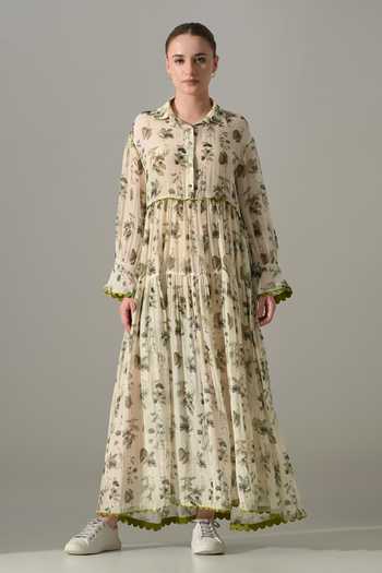 Buy_Samant Chauhan_Cream Silk, Cotton Collared Botanical Print Maxi Dress _at_Aza_Fashions