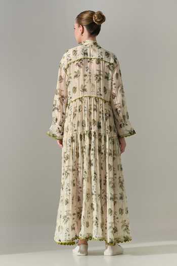 Shop_Samant Chauhan_Cream Silk, Cotton Collared Botanical Print Maxi Dress _at_Aza_Fashions