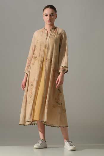 Shop_Samant Chauhan_Beige Silk, Cotton Mandarin Collar Printed Jacket With Dress _Online_at_Aza_Fashions