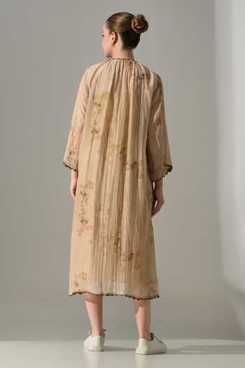Shop_Samant Chauhan_Beige Silk, Cotton Mandarin Collar Printed Jacket With Dress _at_Aza_Fashions
