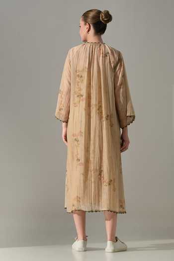 Shop_Samant Chauhan_Beige Silk, Cotton Round Neck Floral Print Midi Dress _at_Aza_Fashions