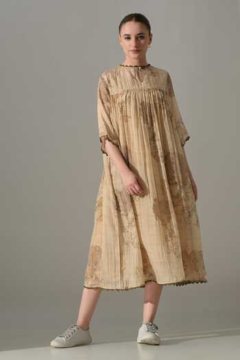 Buy_Samant Chauhan_Beige Silk, Cotton Round Neck Floral Print Midi Dress _Online_at_Aza_Fashions