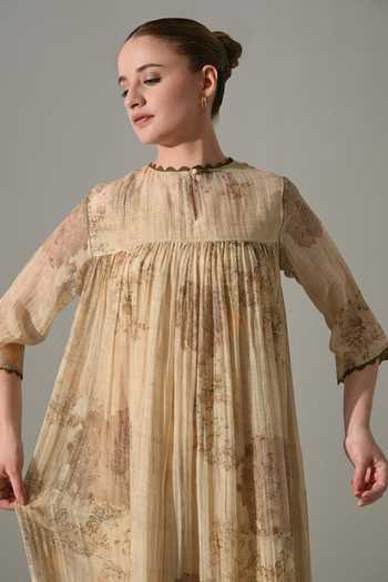 Shop_Samant Chauhan_Beige Silk, Cotton Round Neck Floral Print Midi Dress _Online_at_Aza_Fashions