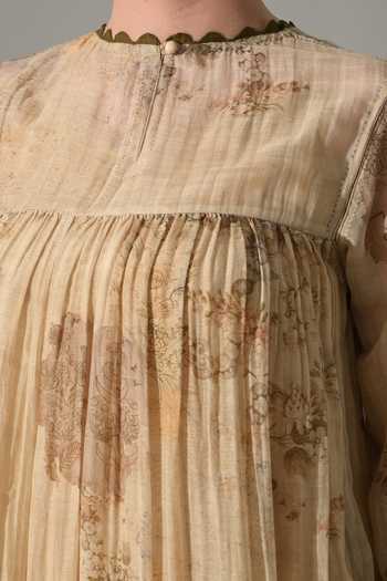 Buy_Samant Chauhan_Beige Silk, Cotton Round Neck Floral Print Midi Dress 
