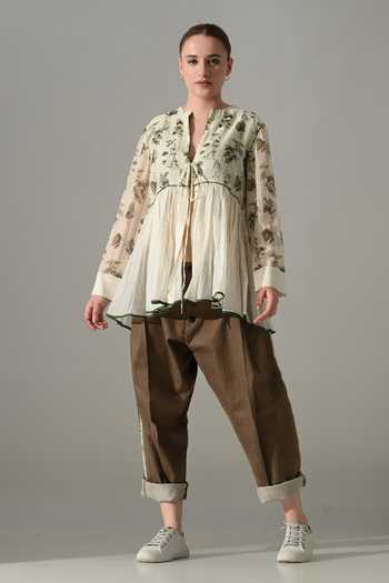 Buy_Samant Chauhan_Cream Silk, Cotton Split V-neck, Yes Botanical Print Kurta And Trouser Set _at_Aza_Fashions