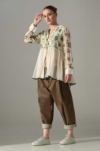 Shop_Samant Chauhan_Cream Silk, Cotton Split V-neck, Yes Botanical Print Kurta And Trouser Set _Online_at_Aza_Fashions