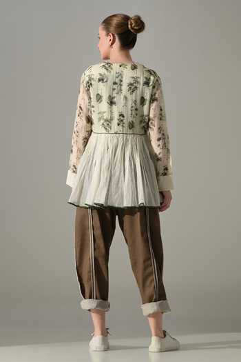 Shop_Samant Chauhan_Cream Silk, Cotton Split V-neck, Yes Botanical Print Kurta And Trouser Set _at_Aza_Fashions