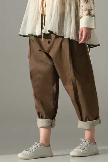 Samant Chauhan_Cream Silk, Cotton Split V-neck, Yes Botanical Print Kurta And Trouser Set _at_Aza_Fashions