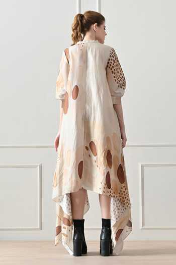 Shop_Samant Chauhan_Beige Cotton, Linen Beads V-neck Abstract Print Dress _at_Aza_Fashions