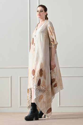 Samant Chauhan_Beige Cotton, Linen Beads V-neck Abstract Print Dress _Online_at_Aza_Fashions