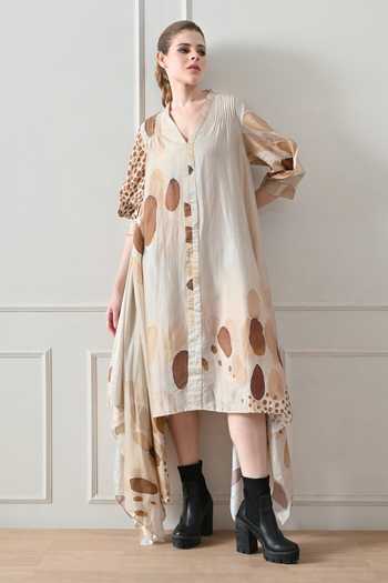 Buy_Samant Chauhan_Beige Cotton, Linen Beads V-neck Abstract Print Dress _at_Aza_Fashions