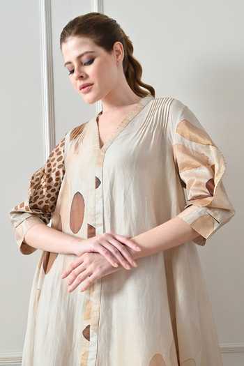 Samant Chauhan_Beige Cotton, Linen Beads V-neck Abstract Print Dress _at_Aza_Fashions