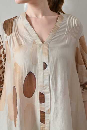 Buy_Samant Chauhan_Beige Cotton, Linen Beads V-neck Abstract Print Dress 