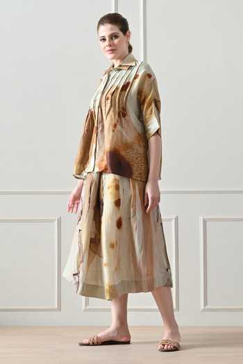 Samant Chauhan_Beige Cotton, Linen Embroidery Collared Abstract Print Shirt And Skirt Set _Online_at_Aza_Fashions