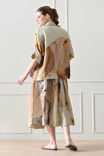 Shop_Samant Chauhan_Beige Cotton, Linen Embroidery Collared Abstract Print Shirt And Skirt Set _at_Aza_Fashions
