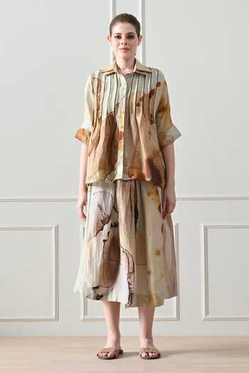 Buy_Samant Chauhan_Beige Cotton, Linen Embroidery Collared Abstract Print Shirt And Skirt Set _Online_at_Aza_Fashions