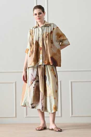 Shop_Samant Chauhan_Beige Cotton, Linen Embroidery Collared Abstract Print Shirt And Skirt Set _Online_at_Aza_Fashions