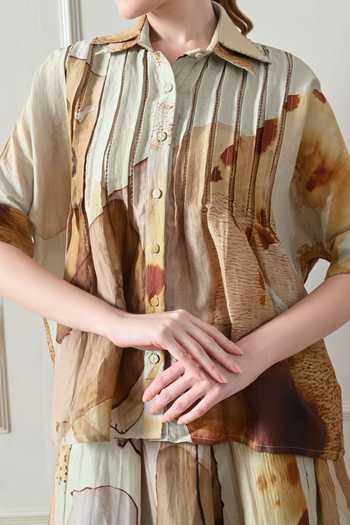 Samant Chauhan_Beige Cotton, Linen Embroidery Collared Abstract Print Shirt And Skirt Set _at_Aza_Fashions
