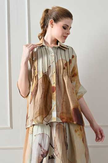 Buy_Samant Chauhan_Beige Cotton, Linen Embroidery Collared Abstract Print Shirt And Skirt Set 