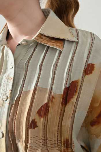 Shop_Samant Chauhan_Beige Cotton, Linen Embroidery Collared Abstract Print Shirt And Skirt Set 