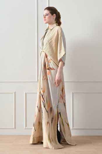 Samant Chauhan_Beige Cotton, Linen Collared Abstract Print Draped Dress _Online_at_Aza_Fashions