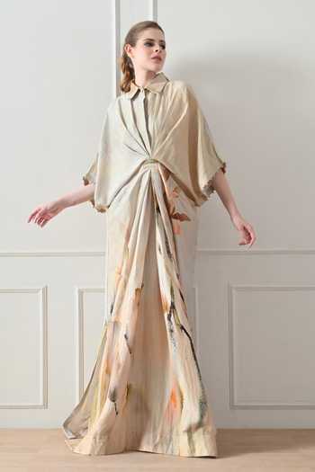Buy_Samant Chauhan_Beige Cotton, Linen Collared Abstract Print Draped Dress _at_Aza_Fashions