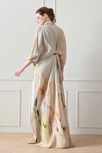 Shop_Samant Chauhan_Beige Cotton, Linen Collared Abstract Print Draped Dress _at_Aza_Fashions