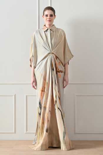 Buy_Samant Chauhan_Beige Cotton, Linen Collared Abstract Print Draped Dress _Online_at_Aza_Fashions